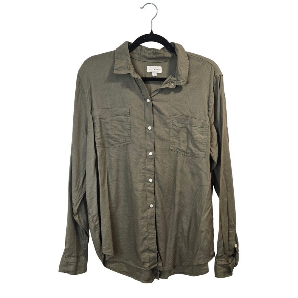 Lucky Brand Button Down Shirt Womens Large Olive Green Split Back Utility Blouse